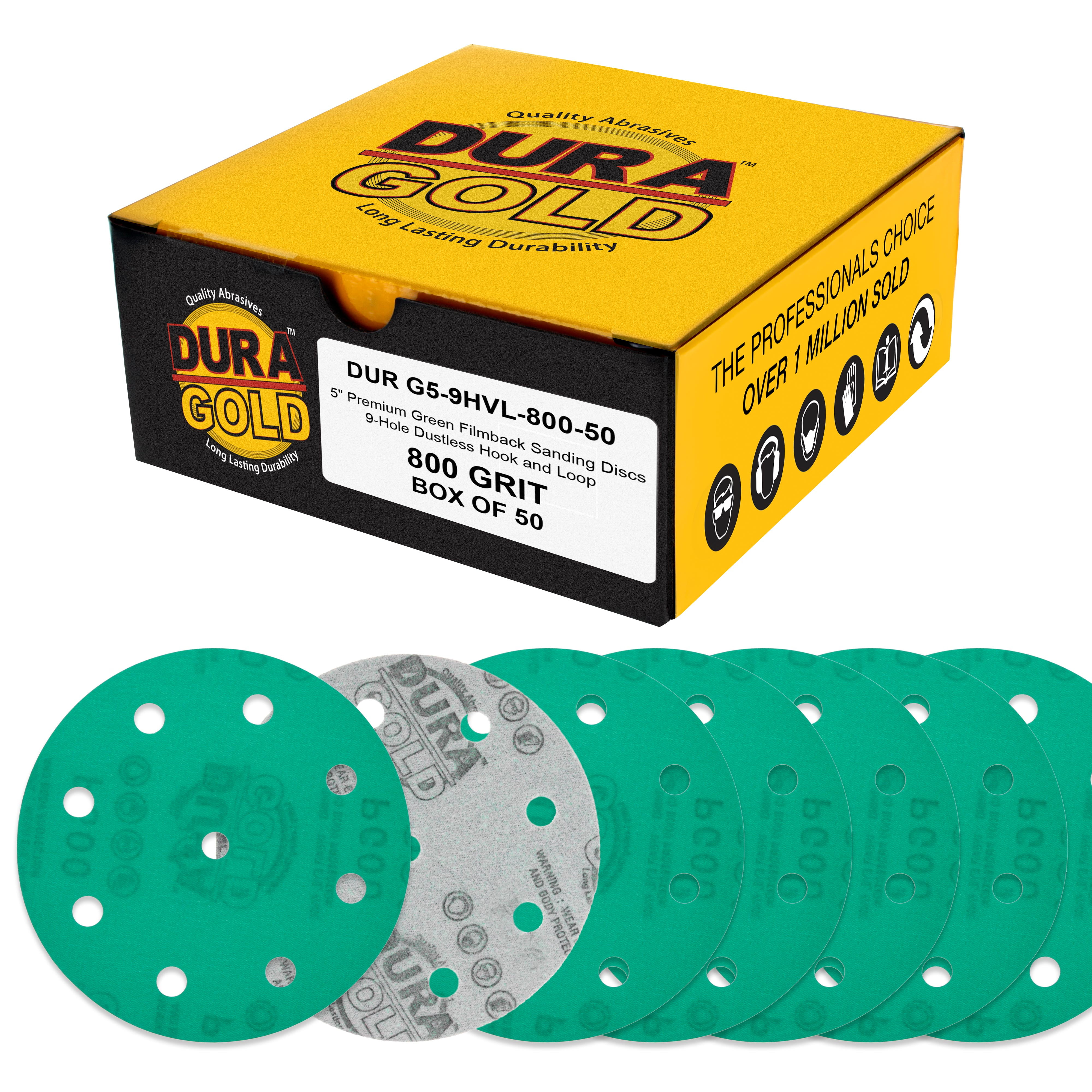 Dura-Gold Premium 800 Grit 5" Green Film Sanding Discs, 9-Hole Pattern, Box of 50 - Heavy-Duty Dustless Hook & Loop Backing Sandpaper for DA & Random Orbital Sanders, Sand Auto Paint, Wood, Furniture