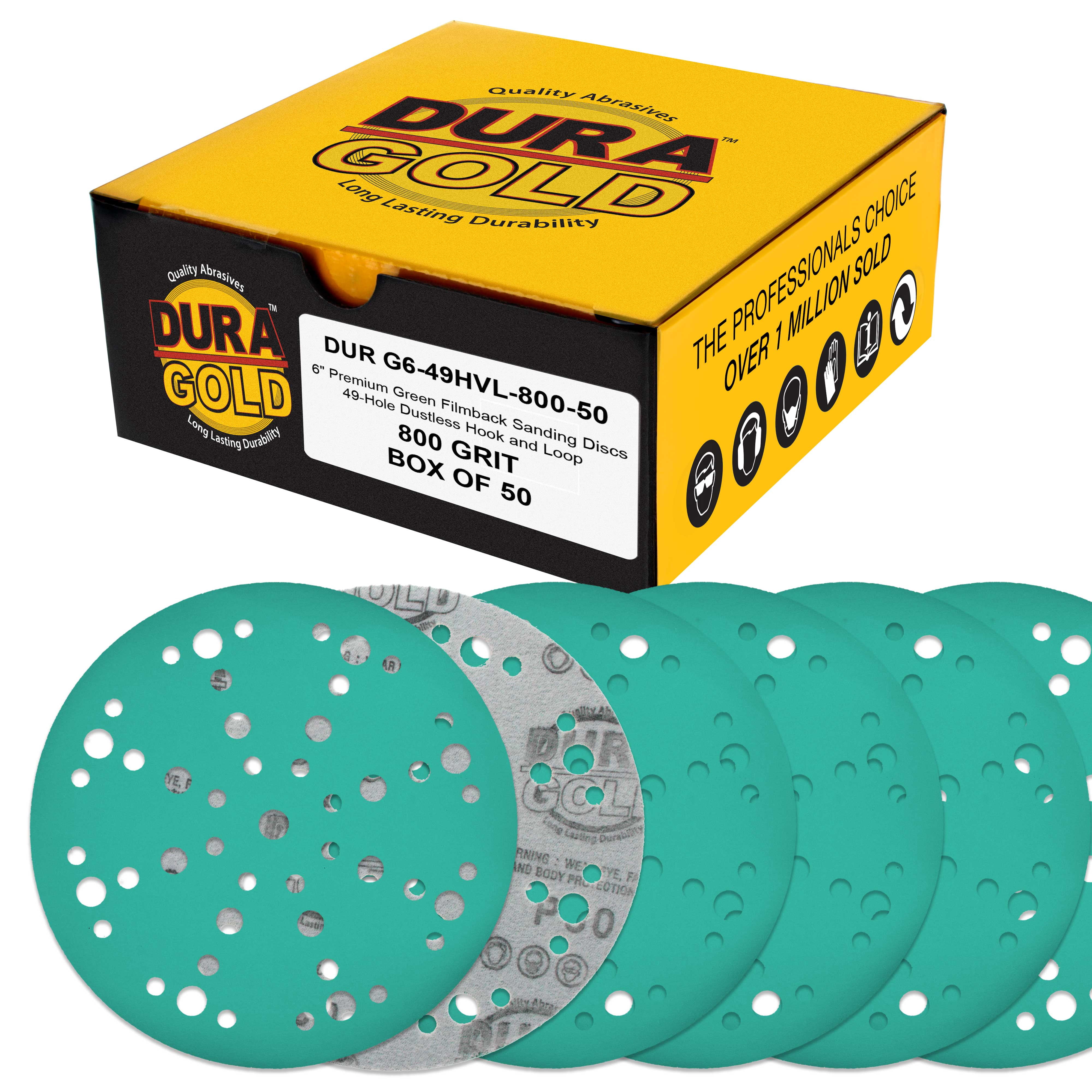 Dura-Gold Premium 800 Grit 6" Green Film Sanding Discs, 49-Hole Pattern, Box of 50 - Heavy-Duty Dustless Hook & Loop Backing Sandpaper for DA & Random Orbital Sanders, Sand Auto Paint, Wood Furniture
