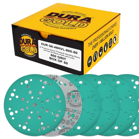 Dura-Gold Premium 800 Grit 6" Green Film Sanding Discs, 49-Hole Pattern, Box of 50 - Heavy-Duty Dustless Hook & Loop Backing Sandpaper for DA & Random Orbital Sanders, Sand Auto Paint, Wood Furniture