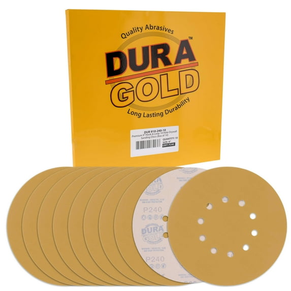 Dura-Gold Premium 9" Drywall Sanding Discs - 240 Grit (Box of 10) - 10 Hole Pattern Sandpaper Discs with Hook & Loop Backing, Fast Cutting Aluminum Oxide Abrasive - For Drywall Power Sander