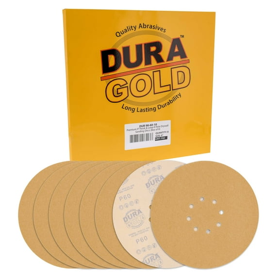 Dura-Gold Premium 9" Drywall Sanding Discs - 60 Grit (Box of 8) - 8 Hole Pattern Sandpaper Discs with Hook & Loop Backing, Fast Cutting Aluminum Oxide Abrasive - For Drywall Power Sander