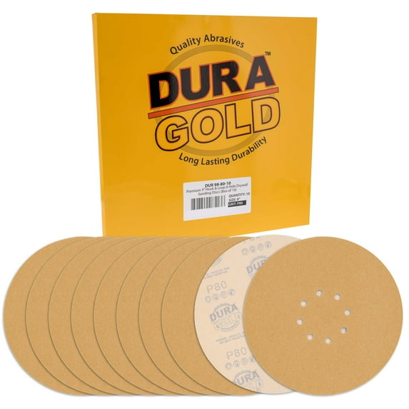 Dura-Gold Premium 9" Drywall Sanding Discs - 80 Grit (Box of 10) - 8 Hole Pattern Sandpaper Discs with Hook & Loop Backing, Fast Cutting Aluminum Oxide Abrasive - For Drywall Power Sander