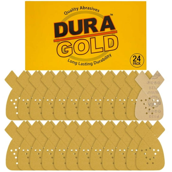 Dura-Gold Mouse Detail Sander Sandpaper Sanding Sheets - 120 Grit (Box of 24) - 12 Hole Pattern Hook & Loop Triangle Shaped Mouse Discs - Fits Black and Decker, Woodworking Wood Crafting, Auto