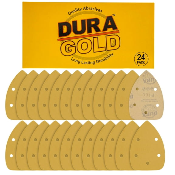 Dura-Gold Premium Mouse Detail Sander Sandpaper Sanding Sheets - 180 Grit (Box of 24) - 5 Hole Pattern Hook & Loop Triangle Mouse Discs - Woodworking Wood, Furniture Crafting, Sand Auto Paint