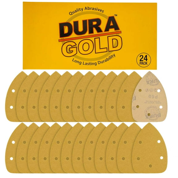 Dura-Gold Premium Mouse Detail Sander Sandpaper Sanding Sheets - 60 Grit (Box of 24) - 5 Hole Pattern Hook & Loop Triangle Mouse Discs - Woodworking Wood, Furniture Crafting, Sand Automotive Paint
