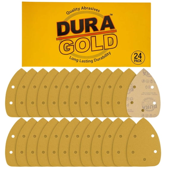 Dura-Gold Premium Mouse Detail Sander Sandpaper Sanding Sheets - 80 Grit (Box of 24) - 5 Hole Pattern Hook & Loop Triangle Mouse Discs - Woodworking Wood, Furniture Crafting, Sand Auto Paint