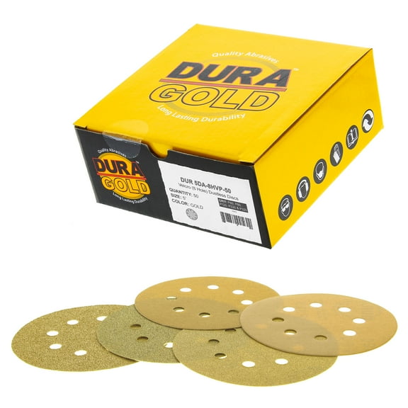 Dura-Gold Premium - Variety Pack - 5" Gold Sanding Discs - 8-Hole Dustless Hook and Loop - 10 Each of Grit (60, 80, 120, 220, 320) - Box of 50 Sandpaper Finishing Discs for Woodworking or Auto