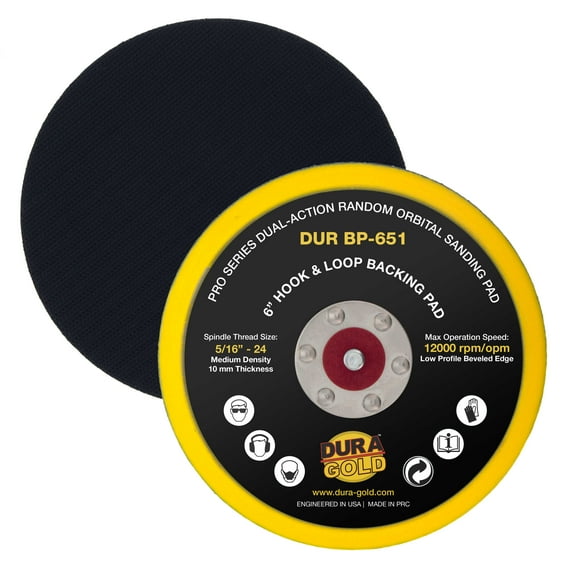 Dura-Gold Pro Series 6" Hook & Loop DA Backing Plate Pad - Low Profile Edge, Medium Density, Dual-Action Random Orbital Sanding Pad, 5/16" - 24 Threads - For Sander Auto Woodworking Sandpaper