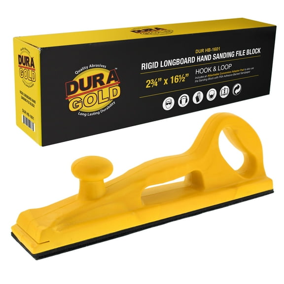 Dura-Gold Pro Series Rigid Longboard Hand Sanding File Block with Both Hook & Loop Backing and PSA Backing Conversion Adapter Pad - For Continuous Rolls or 16-1/2" x 2-3/4" Sandpaper Sheets