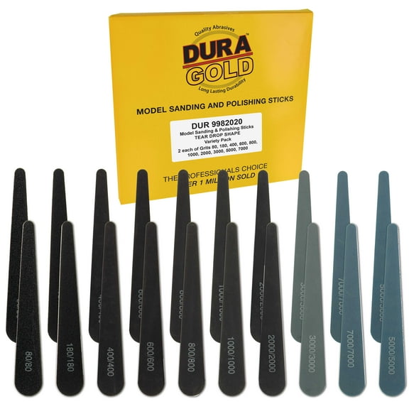 Dura-Gold Sanding Sticks and Polishing Sticks for Plastic Models, Pack of 20 - 2 Each of 10 Grits, Coarse 80 to Super-Fine 7000 Grit, Water Drop Style - Wood Metal Auto Detailing, Hobby Sandpaper