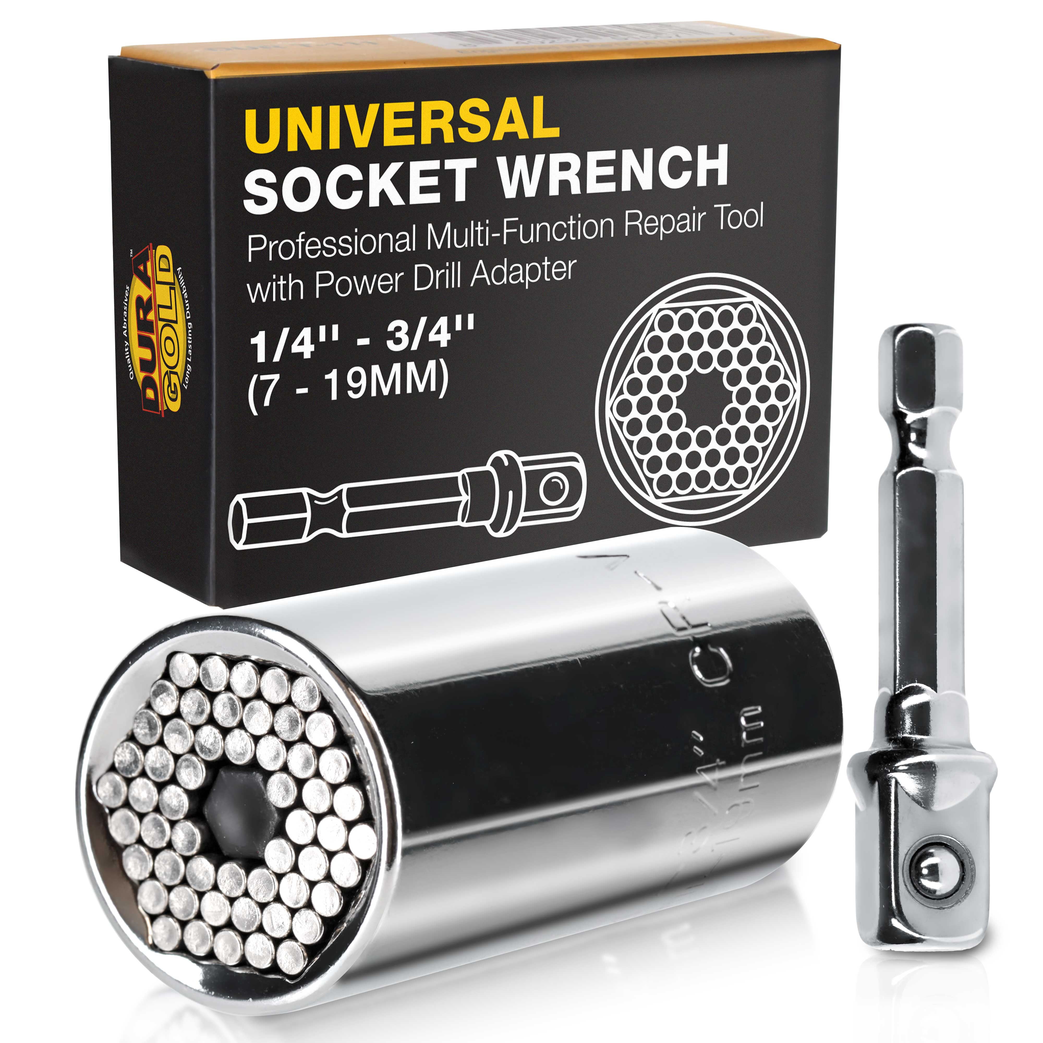 Dura-Gold Universal Socket Wrench, 1/4'' - 3/4'' (7 - 19mm) - Professional Multi-Function Repair Tool with Power Drill Adapter - Ratchet Gadget to Tighten & Losen Nuts, Bolts, Screws, Hooks, Fasteners