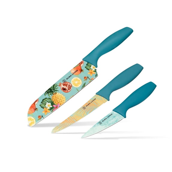 Dura Living 3 Piece Colorful Tropical Kitchen Knife Set - Nonstick Stainless Steel, Ultra Sharp Blades with Matching Sheaths