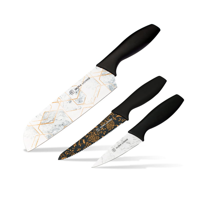 Dura Living 3-Piece Printed Kitchen Knife Set-Marble - Black