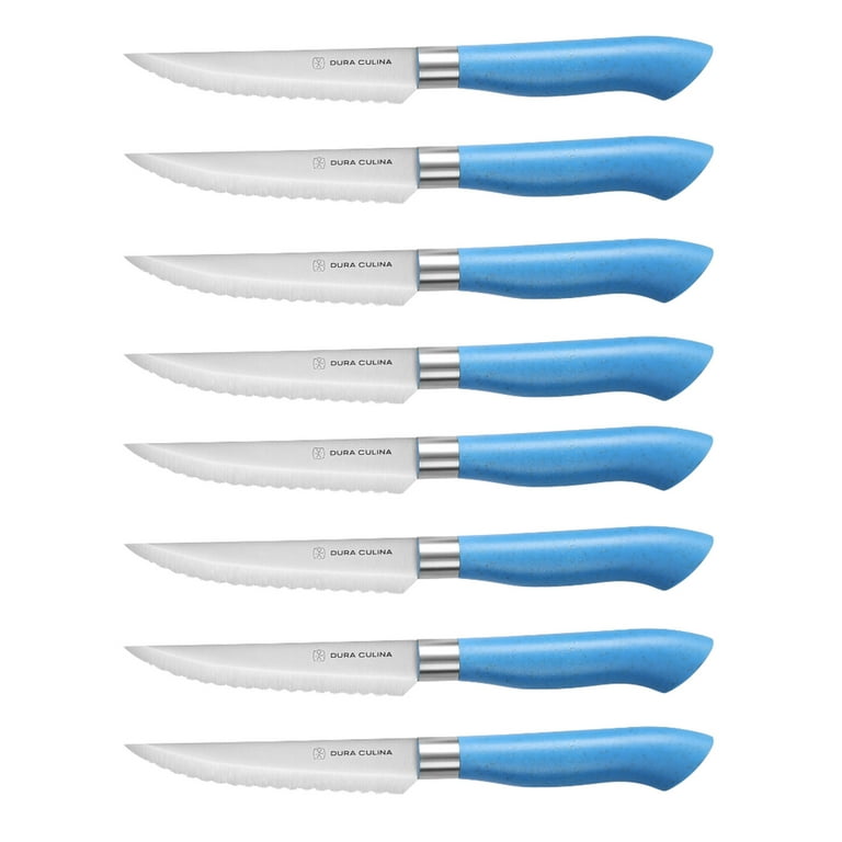 Dura Living EcoCut 8-Piece Steak Knife Set - High Carbon Micro Serrated Stainless Steel Blades, Eco-Friendly Handles - Blue - 8 Piece