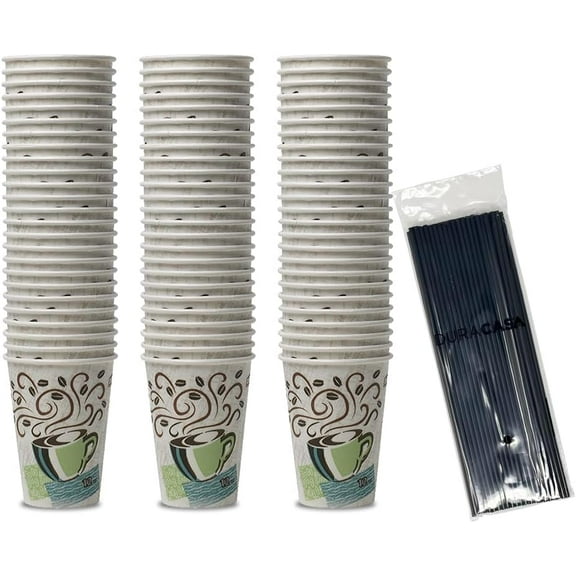 DuraCasa Straws and Dixie PerfecTouch Insulated Paper Hot Cup 75 Count, 12 oz Coffee Cups and Drinking/Stirring Stick Set (12 oz, 75 Cups, 75 Straws)