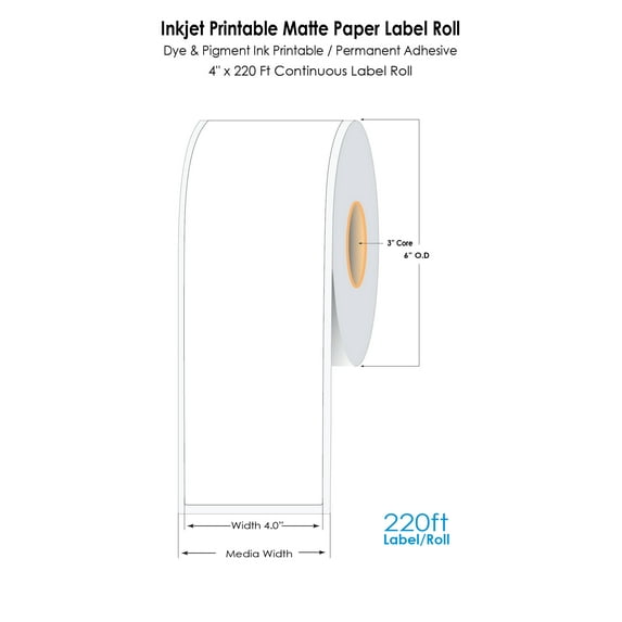 DuraFast C6500 4" x 220 ft Inkjet Matte Paper Continuous Label Roll For Epson C6500/C6000/C8000, Primera, Afinia and VIPColor Label Printers