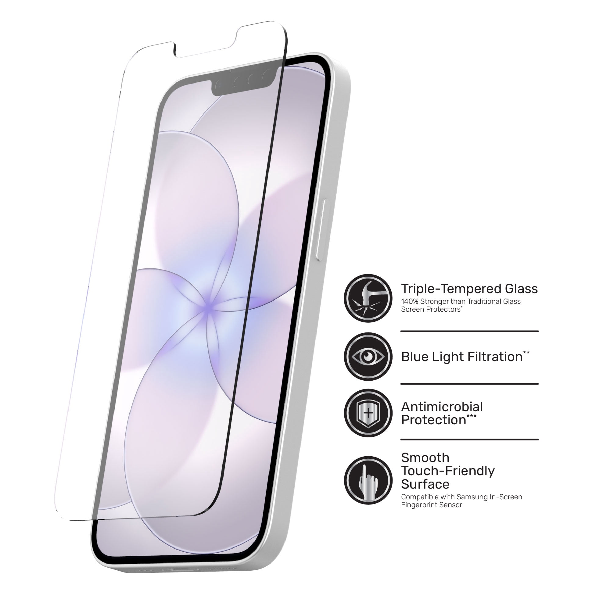 DuraGlass DefenseTech Glass Screen Protector with Blue Light Filter for iPhone 17e / 16e / 14 / 13 / 13 Pro with Easy Application Tray