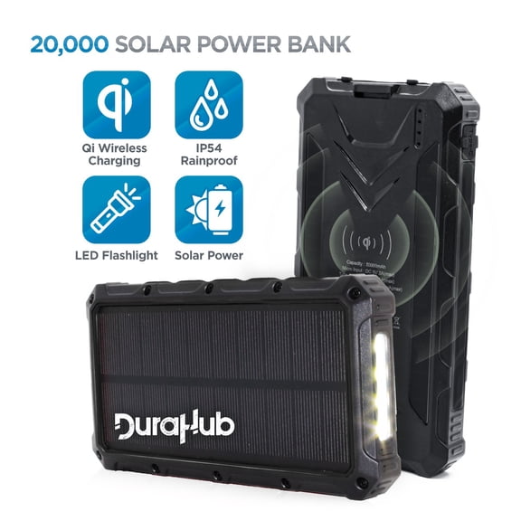 DuraHub - Solar Power USB Battery Bank with QI Wireless, Black - True 20000mAh Ultra Capacity – Rugged, Portable, Waterproof - 4 Charge Ports + LED Light – Great for Camping/Hiking/Traveling/Outdoor