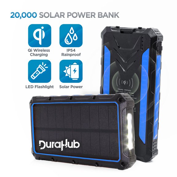 DuraHub - Solar Power USB Battery Bank with QI Wireless - True 20000mAh Ultra Capacity - Rugged, Portable, Waterproof - 4 Charge Ports + LED Light - Great for Camping/Hiking/Traveling/Outdoor - Blue