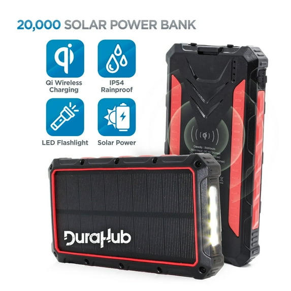 DuraHub - Solar Power USB Battery Bank with QI Wireless, True 20000mAh Ultra Capacity – Super Rugged, Portable, Waterproof - 4 Charge Ports + LED Light – Great for Camping/Hiking/Traveling/Outdoor