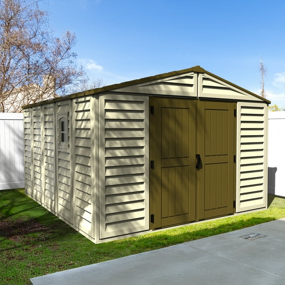 DuraMax 10.5ft x 13ft Woodbridge Plus Plastic Vinyl Outdoor Shed w/ Foundation Kit & Window