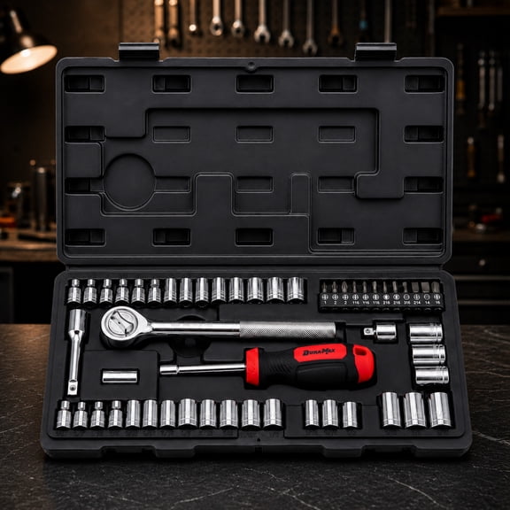 DuraMax 54-Piece Socket Set, SAE & Metric 1/4" & 3/8" Drive Socket Kit with Ratchet, Extension Bar & Bit Driver, Portable Case for Auto Repair & DIY