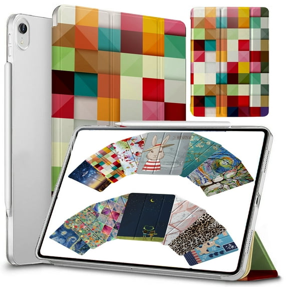 DuraSafe Cases For iPad PRO 12.9 - 3 Gen (Will Not Fit on PRO 12.9 2020) Ultra Slim Protective Cover Supports Pencil Pair & Charging with Transparent Back - Color Grid