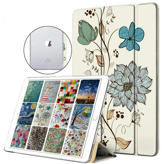 DuraSafe Cases for iPad PRO 9.7" 2016 A1673 A1674 A1675 Smart Tri Fold Printed Cover with Transparent Back - Watercolor Flowers