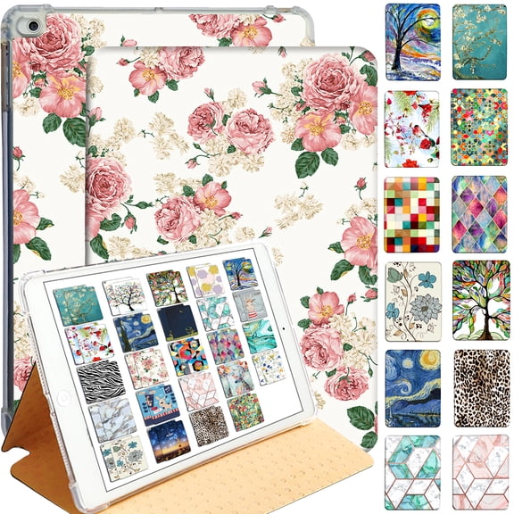 DuraSafe Cases for iPad 5/6 & Air 1/2-9.7" A1893 A1954 A1822 A1823 A1566 A1567 A1474 A1475 A1476 Printed Folio Silicone Smart Cover with Honeycomb Cooling Feature - Rose Flower