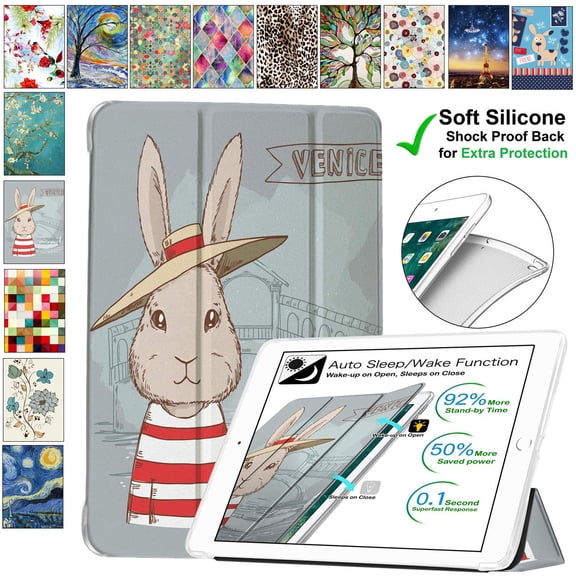 DuraSafe Cases iPad 9.7 Air 1st 2nd 5th 6th [ Air 1 2 iPad 5 6 Gen ] A1893 A1954 A1822 A1823 A1566 A1567 A1474 A1475 A1476 Printed TriFold Soft Silicone Transparent Front & Back Cover - Bunny Hat