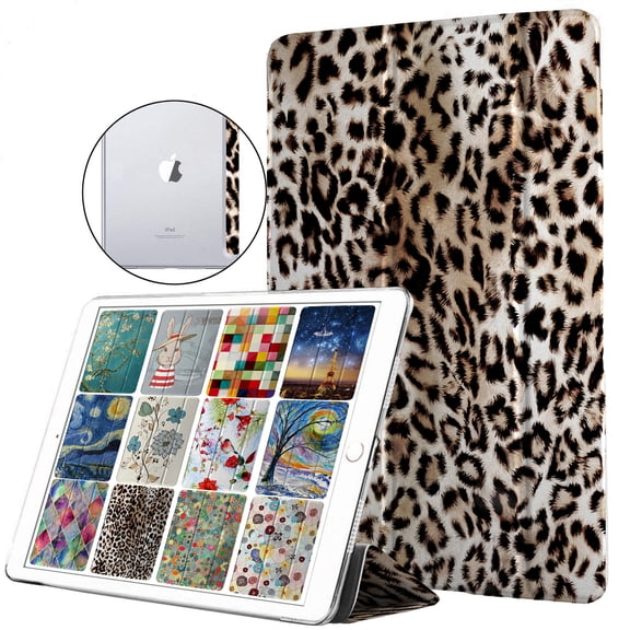 DuraSafe Cases iPad Air 2 Air 1 9.7 Inch 5 6 Gen [ 5th 6th Air 2nd 1st Gen ] A1567 A1566 MGLW2LL/A MGL12LL/A MH0W2LL/A MGKM2LL/A TriFold Printed Hard Smart PC Transparent Back Cover - Leopard