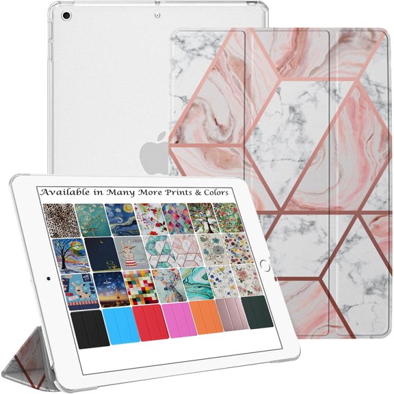 DuraSafe Cases iPad Air 2 Air 1 9.7 Inch 5 6 Gen [ 5th 6th Air 2nd 1st Gen ] A1567 A1566 MGLW2LL/A MGL12LL/A MH0W2LL/A MGKM2LL/A TriFold Printed Hard Smart PC Transparent Back Cover - Marble Pink