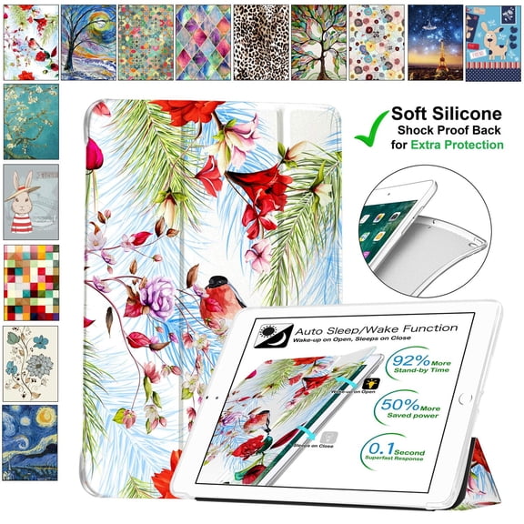DuraSafe Cases for iPad Mini 5-7.9 Inch 2019 [ A2124 A2125 A2126 A2133 ] Printed Smart Cover with Transparent Back - Birds & Flowers (Soft Silicone Back)