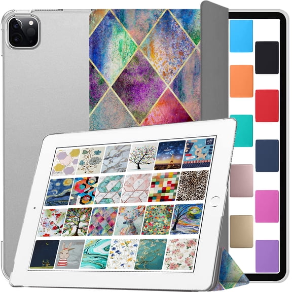 DuraSafe Cases iPad PRO 11 2020 2021 2022 [ PRO 11 Inch 2 3 4 Generation ] Trifold Printed PC Lightweight Protective Clear Back Cover - Diamond Grid