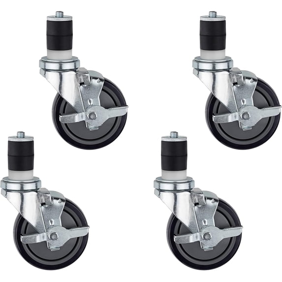 DuraSteel 1-1/2" Expanding Stem Caster with Side Brake for Commercial Kitchen Prep Work Tables - 4" Polyurethane Wheel / 5" Mounting Height, 600LBs, Set of 4