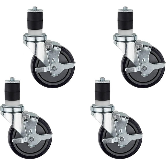 DuraSteel 1-1/2" Expanding Stem Caster with Side Brake for Commercial Kitchen Prep Work Tables - 4" Polyurethane Wheel / 5" Mounting Height, 600LBs, Set of 4