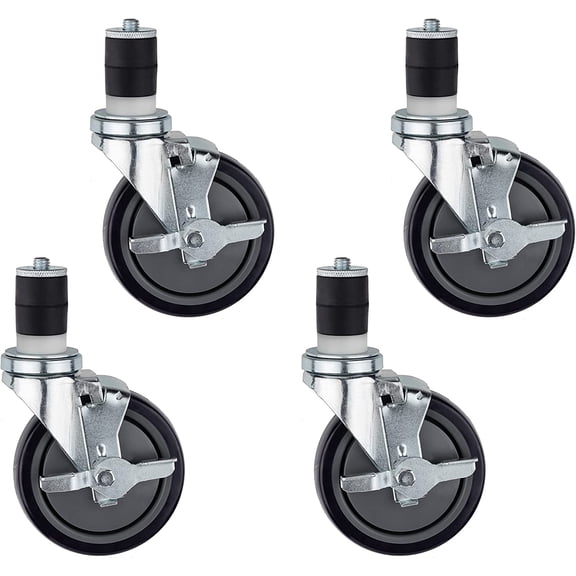 DuraSteel 1-1/2" Expanding Stem Caster with Side Brake for Commercial Kitchen Prep Work Tables - 5" Polyurethane Wheel / 6" Mounting Height, 730LBs, Set of 4