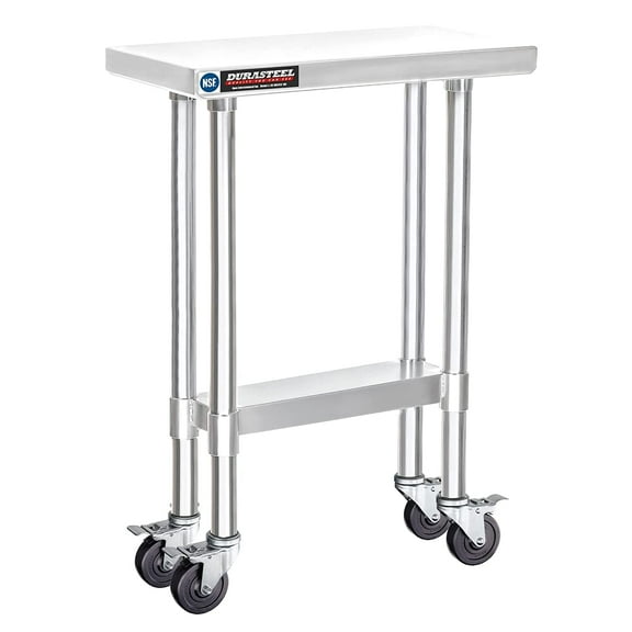 DuraSteel 24x12 Inch Stainless Steel Table - Metal Table Cart with Adjustable Shelf - NSF Certified Work Table with Wheels - Cooking & Laundry Prep Table for Kitchen, Restaurant, Home, Commercial Use