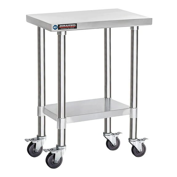 DuraSteel 24x18 Inch Stainless Steel Table - Metal Table Cart with Adjustable Shelf - NSF Certified Work Table with Wheels - Cooking & Laundry Prep Table for Kitchen, Restaurant, Home, Commercial Use