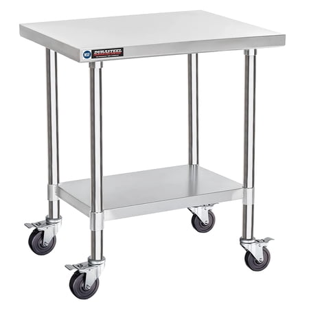 DuraSteel 24x30 Inch Stainless Steel Table - Metal Table Cart with Adjustable Shelf - NSF Certified Work Table with Wheels - Cooking & Laundry Prep Table for Kitchen, Restaurant, Home, Commercial Use