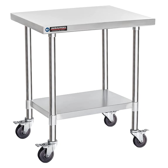 DuraSteel 24x30 Inch Stainless Steel Table - Metal Table Cart with Adjustable Shelf - NSF Certified Work Table with Wheels - Cooking & Laundry Prep Table for Kitchen, Restaurant, Home, Commercial Use