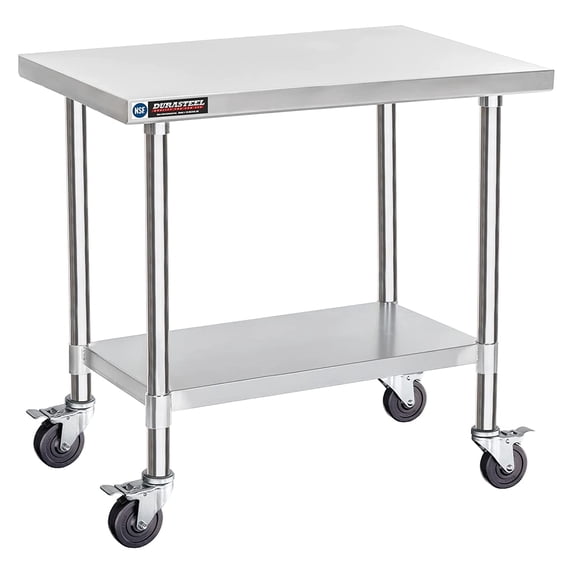 DuraSteel 24x36 Inch Stainless Steel Table - Metal Table Cart with Adjustable Shelf - NSF Certified Work Table with Wheels - Cooking & Laundry Prep Table for Kitchen, Restaurant, Home, Commercial Use