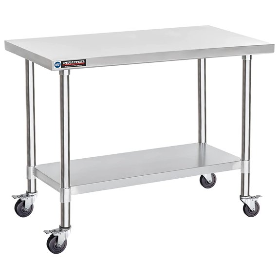 DuraSteel 24x48 Inch Stainless Steel Table - Island Table Cart with Adjustable Shelf - NSF Certified Work Table with Wheels - Cooking & Laundry Prep Table for Kitchen, Restaurant, Home, Commercial Use