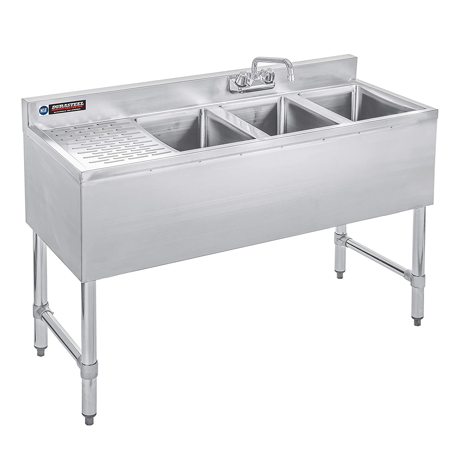 DuraSteel 3 Compartment Underbar Sink - NSF Commercial Freestanding Bar Sink with 10" L x 14" W x 10" D Bowls & Left Drainboard - Lead-Free Faucet Included - For Restaurants, Kitchens, Hotels, Bars