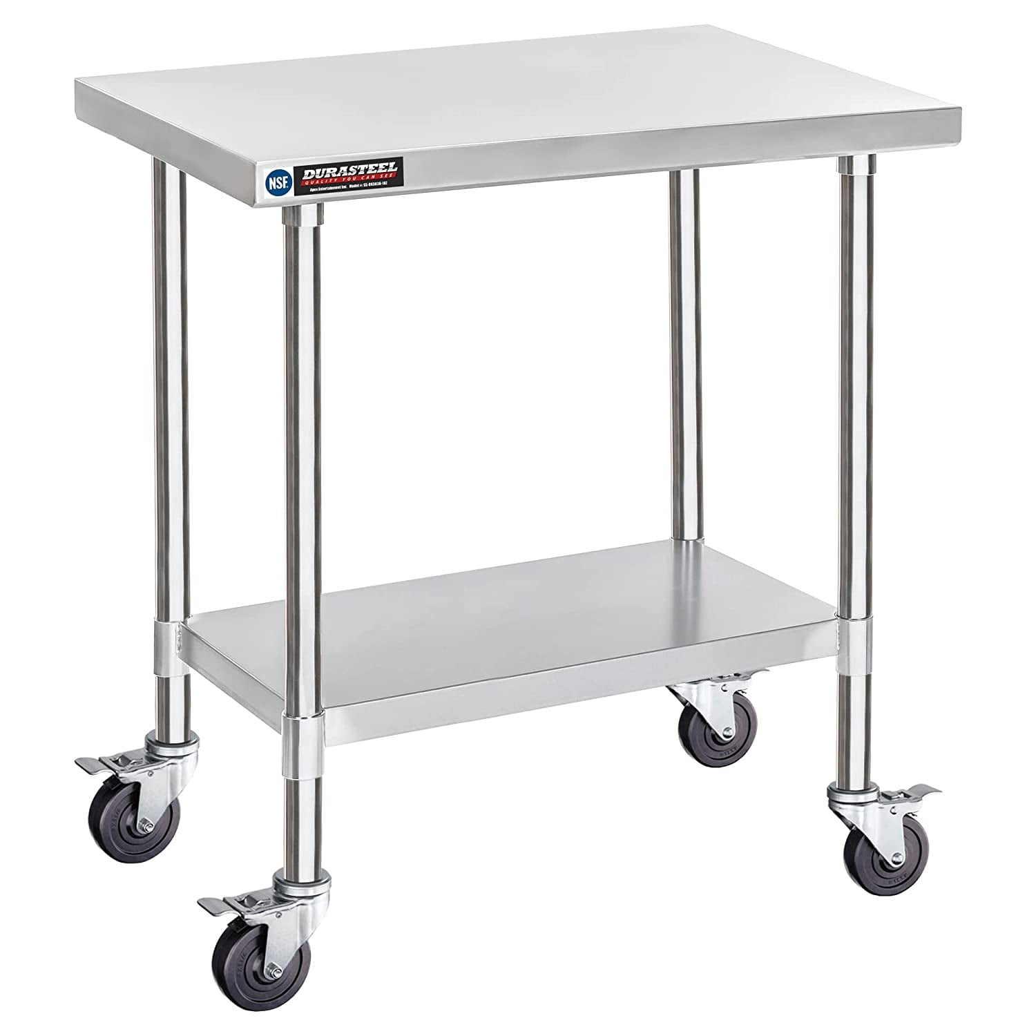 DuraSteel 30x36 Inch Stainless Steel Table - Metal Table Cart with Adjustable Shelf - NSF Certified Work Table with Wheels - Cooking & Laundry Prep Table for Kitchen, Restaurant, Home, Commercial Use