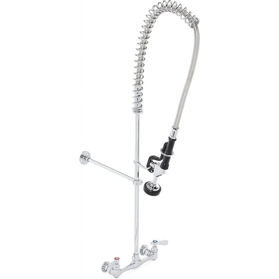 DuraSteel Commercial Kitchen Wall Mount Pre-Rinse Faucet, 38" Height 8" Center with Coiled Spring Pull Down Sprayer, Brass Constructed Polished Chrome Body, 1 Set