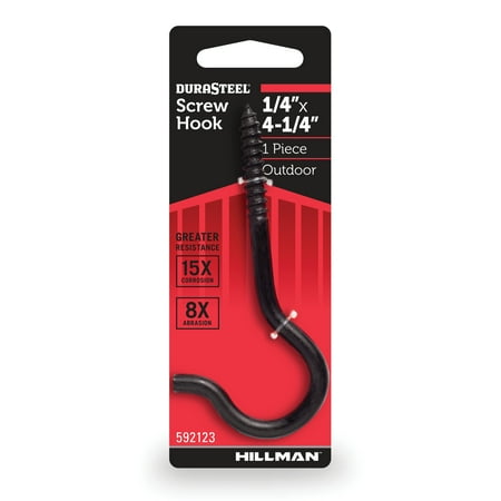 DuraSteel Screw Hook, 1/4" x 4.25", Black, Steel, Outdoor Screw Hook, 60 lbs., 1 Piece