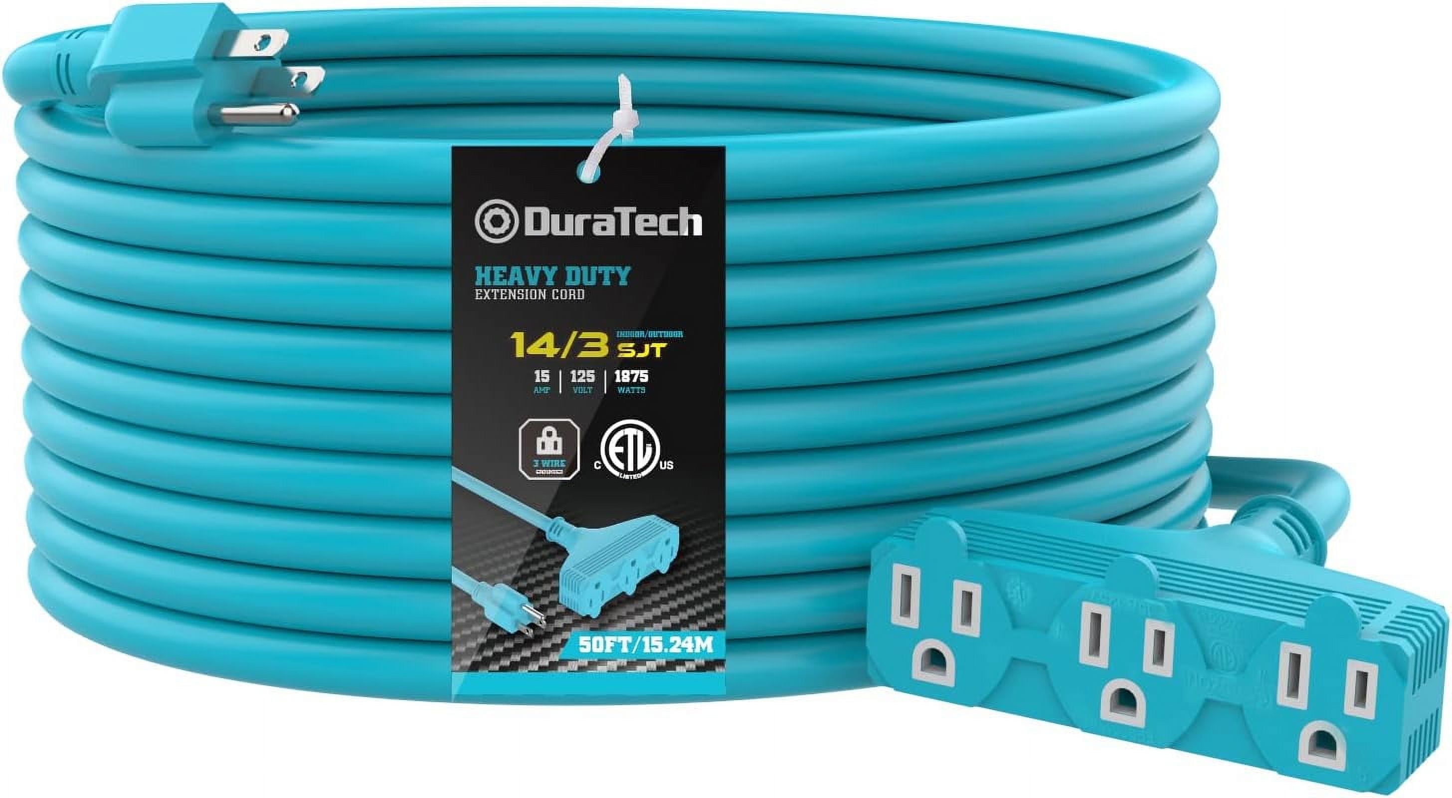 DuraTech Extension Cord 50 ft, Outdoor Extension Cord with Multiple Outlets, 14/3 SJT, 15 Amps, 3 Prong, Heavy Duty Extension Cord Power Strip, Blue, Lighting Decorations Indoor Outdoor
