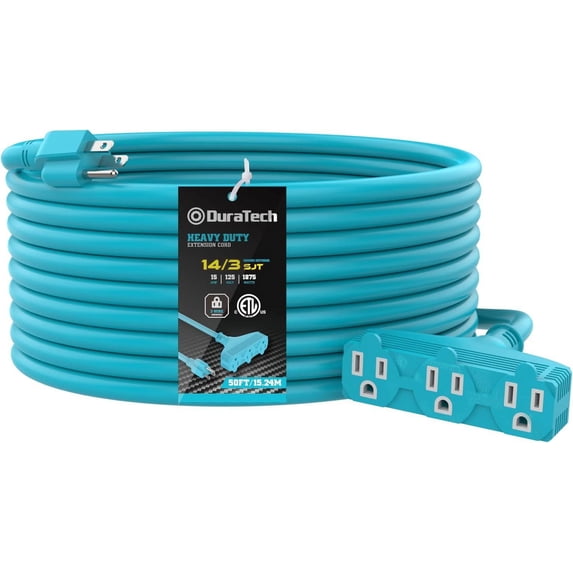 DuraTech Extension Cord 50 ft, Outdoor Extension Cord with Multiple Outlets, 14/3 SJT, 15 Amps, 3 Prong, Heavy Duty Extension Cord Power Strip, Blue, Lighting Decorations Indoor Outdoor