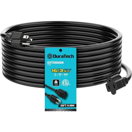 DuraTech 20FT Outdoor Extension Cord, 16/3 SJT, 13A Heavy Duty Power Cable for Tools, Black
